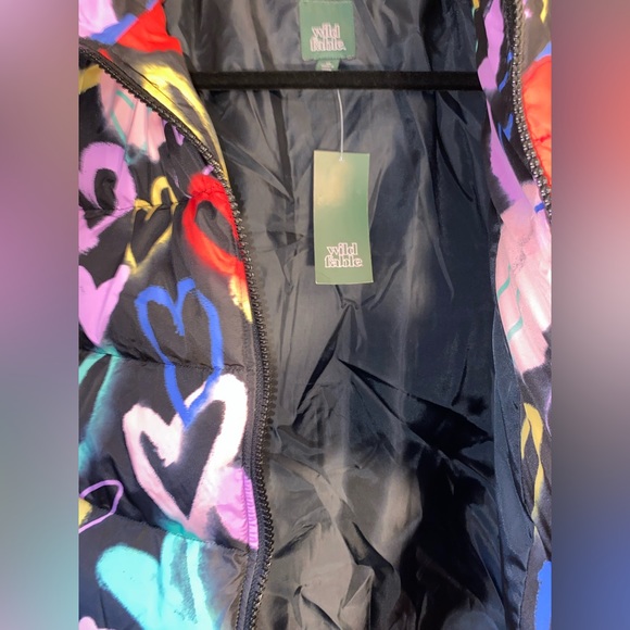 Wild Fable Womens Puff Jacket Black with Multicolor Hearts NEW - Picture 6 of 8